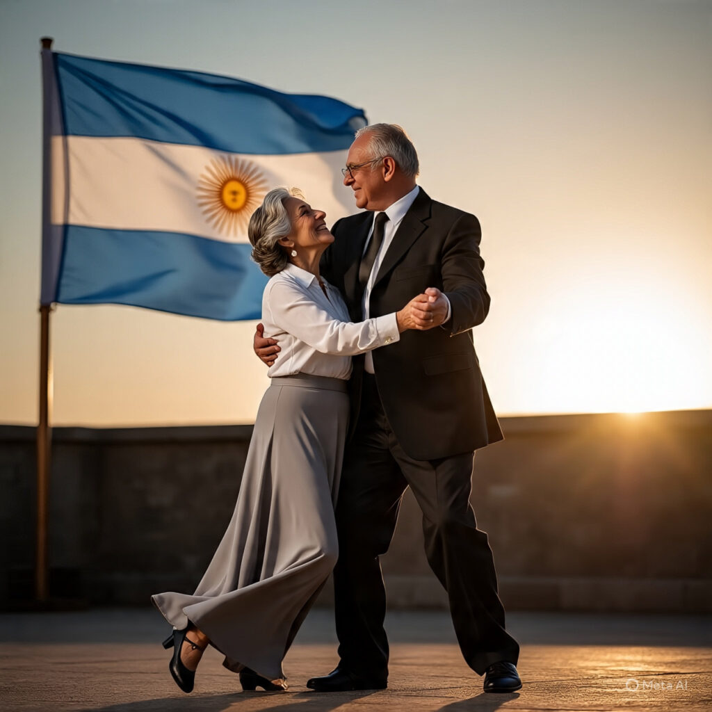 Casal de avós argentinos dançando ao por do sol.